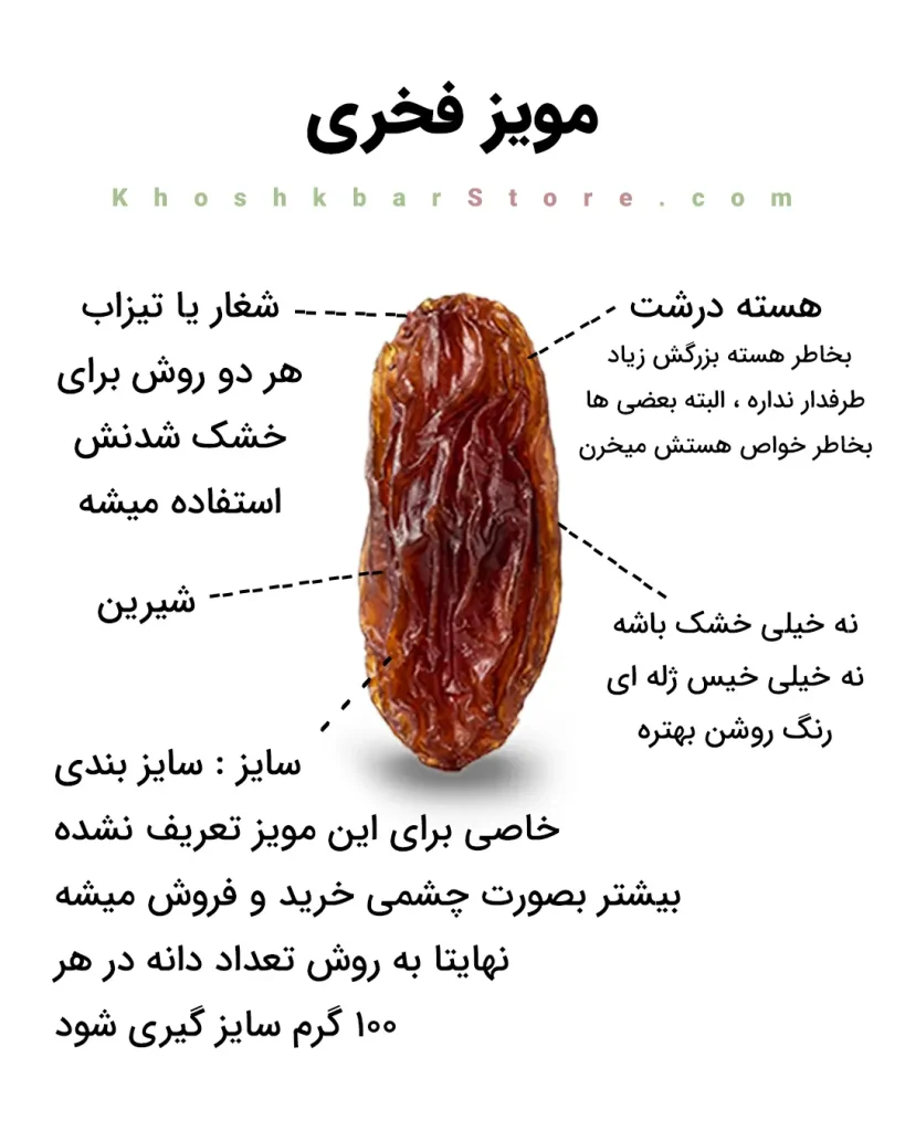 مشخصات مویز فخری هسته دار و کشمش قهوه ای سنتی باکیفیت