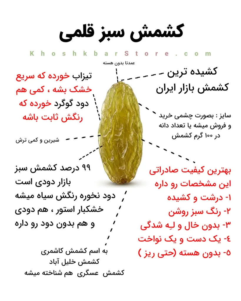 مشخصات کشمش سبز قلمی کاشمری درجه یک و اعلا بدون هسته