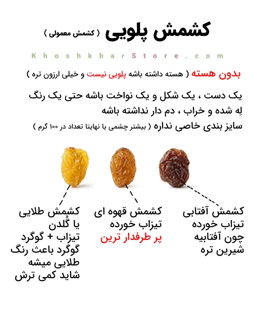 انواع کشمش پلویی بدون هسته، کشمش آفتابی، تیزابی قهوه ای و طلایی گلدن