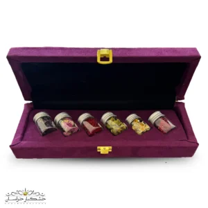 باکس هدیه لوکس بنفش زعفران و گل‌های معطر شیک برای هدیه خاص و لاکچری