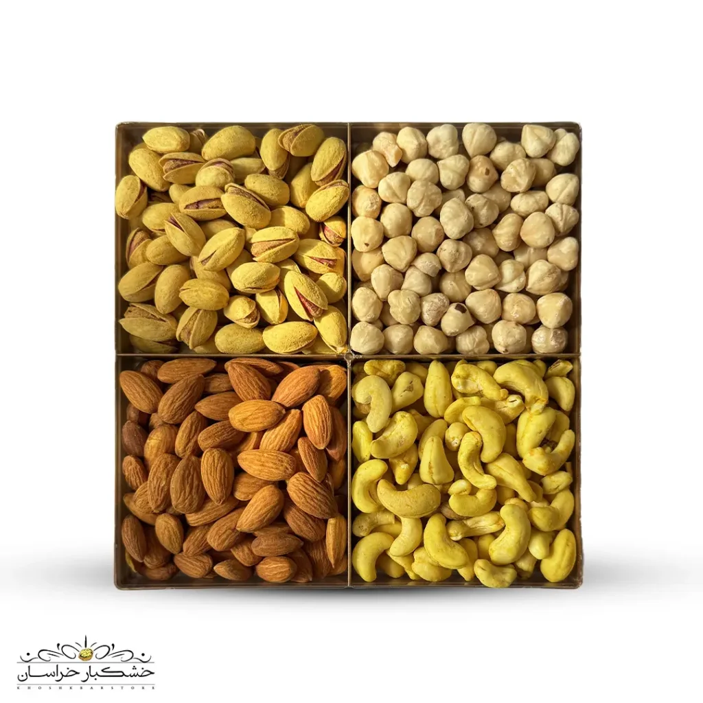 خرید پک هدیه لوکس چهار مغز شور لعابی با بسته‌بندی شیک و آجیل تازه