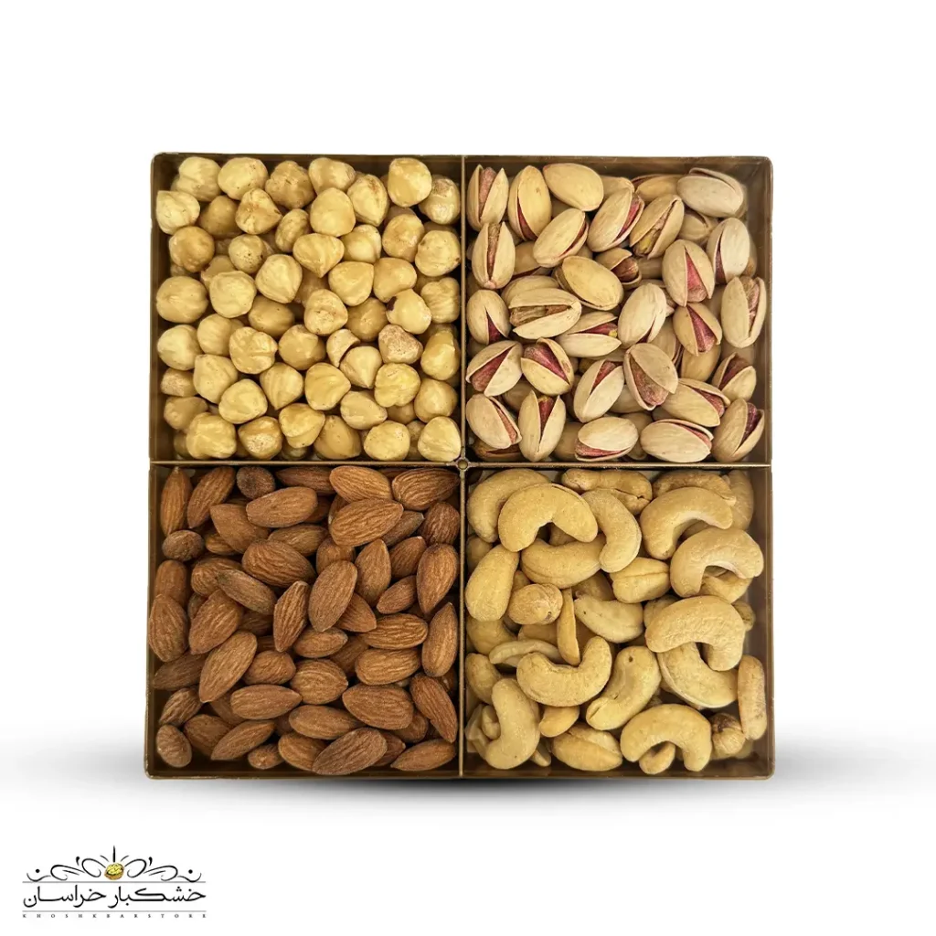 خرید پک هدیه لوکس چهار مغز شور تنوری سنتی با بسته‌بندی شیک و آجیل تازه