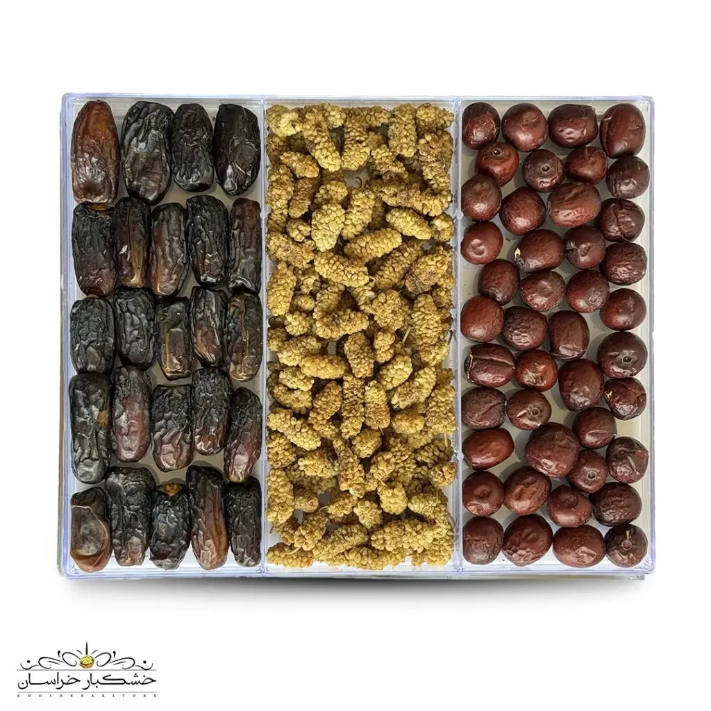 تصویر کلکسیون عناب، توت و خرما لوکس در بسته‌بندی شیک و لاکچری برای هدیه و پذیرایی