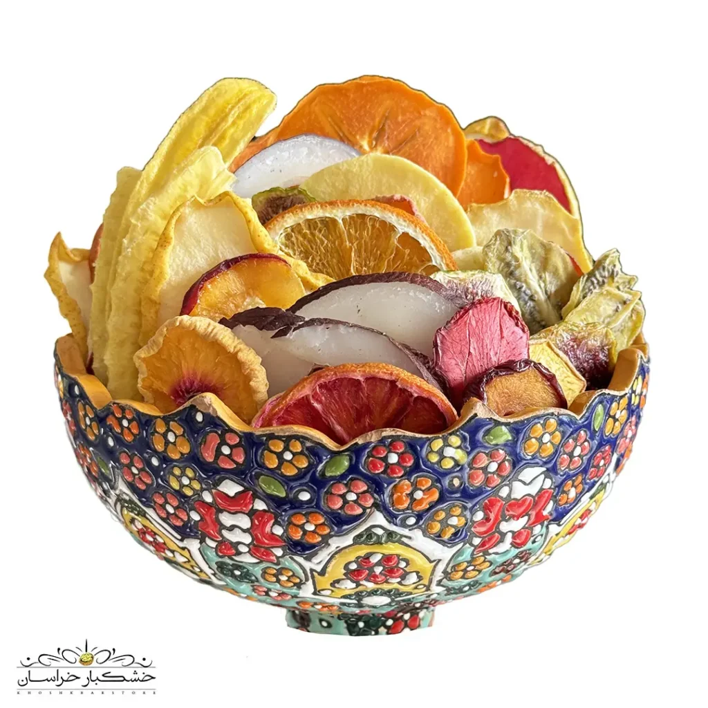 مخلوط اسلایس میوه خشک درجه یک تازه و طبیعی در بسته‌بندی لوکس خشکبار استور