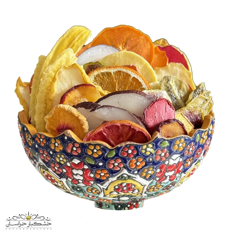 مخلوط اسلایس میوه خشک درجه یک تازه و طبیعی در بسته‌بندی لوکس خشکبار استور