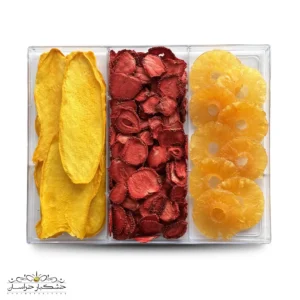 کلکسیون میوه خشک سه طعم خشکبار استور – ترکیب آناناس کمپوتی، انبه و توت‌فرنگی خشک‌شده طبیعی در بسته‌بندی لوکس
