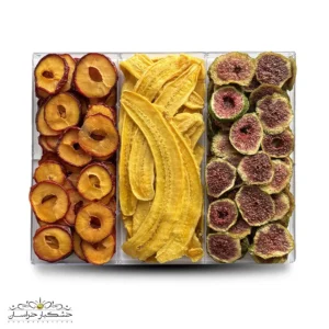 کلکسیون میوه خشک سه طعم خشکبار استور – ترکیب موز خشک، انجیر و آلو ملس طبیعی در بسته‌بندی لوکس و سالم