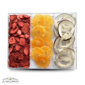 کلکسیون میوه خشک سه طعم استوایی شامل آناناس کمپوتی، توت‌فرنگی و نارگیل – محصول سالم و طبیعی خشکبار استور