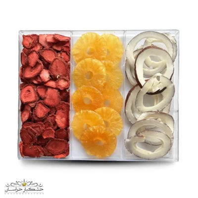 کلکسیون میوه خشک سه طعم استوایی شامل آناناس کمپوتی، توت‌فرنگی و نارگیل – محصول سالم و طبیعی خشکبار استور