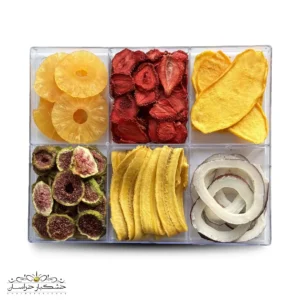 کلکسیون میوه خشک ویژه خشکبار استور شامل آناناس، انبه، نارگیل، انجیر، توت‌فرنگی و موز خشک‌شده طبیعی