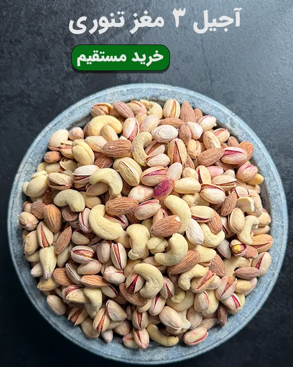 کاسه آجیل ۳ مغز تنوری شامل مغز پسته، بادام و بادام هندی برشتهشده با کیفیت بالا