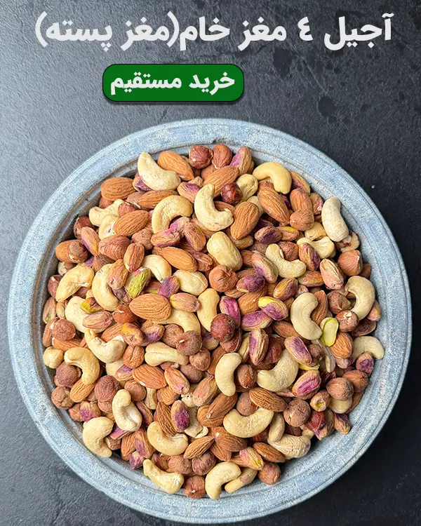 کاسه آجیل ۴ مغز خام شامل مغز پسته، بادام درختی، بادام هندی و فندق