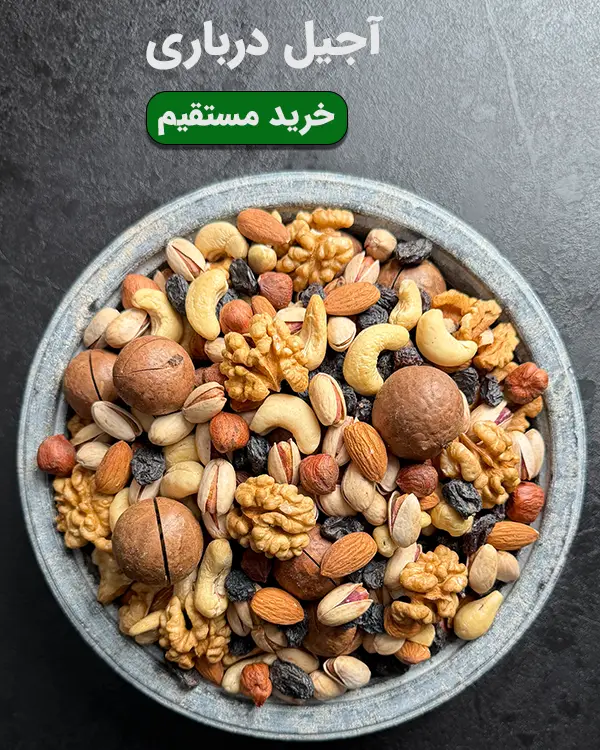 کاسه آجیل درباری لوکس شامل گردو، ماکادمیا، بادام هندی و پسته با کیفیت ممتاز