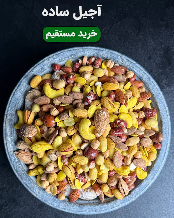 کاسه آجیل ساده شامل ترکیبی از مغزها و آجیلهای مختلف برای پذیرایی و مصرف روزانه