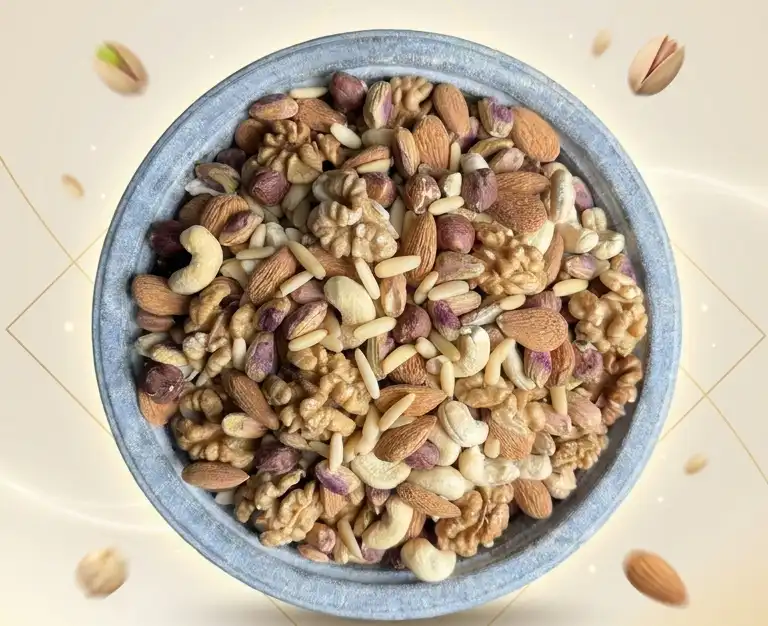 قیمت آجیل پنج مغز شاهانه اعلا | مغز چلغوزه، پسته، فندق، بادام، بادام هندی – خشکبار استور