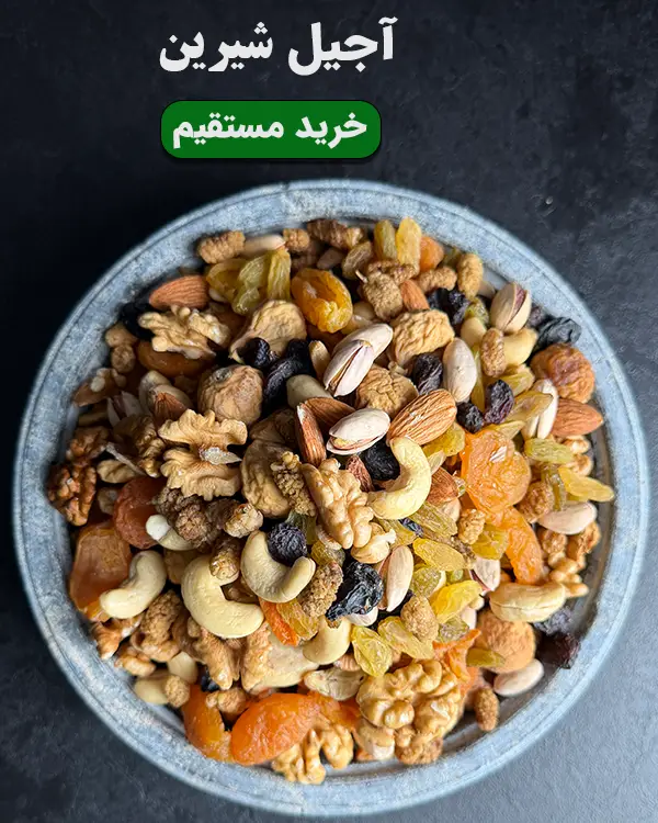 کاسه آجیل شیرین شامل گردو، بادام، کشمش، انجیر، برگه زردآلو و سایر خشکبار انرژیبخش