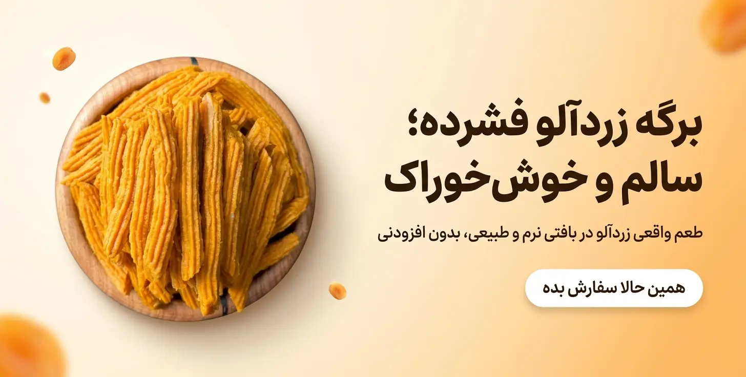 بنر برگه زردآلو فشرده و رشته‌ای با رنگ نارنجی درخشان در پس‌زمینه کرم ملایم، همراه با متن “برگه زردآلو فشرده؛ سالم و خوش‌خوراک”.