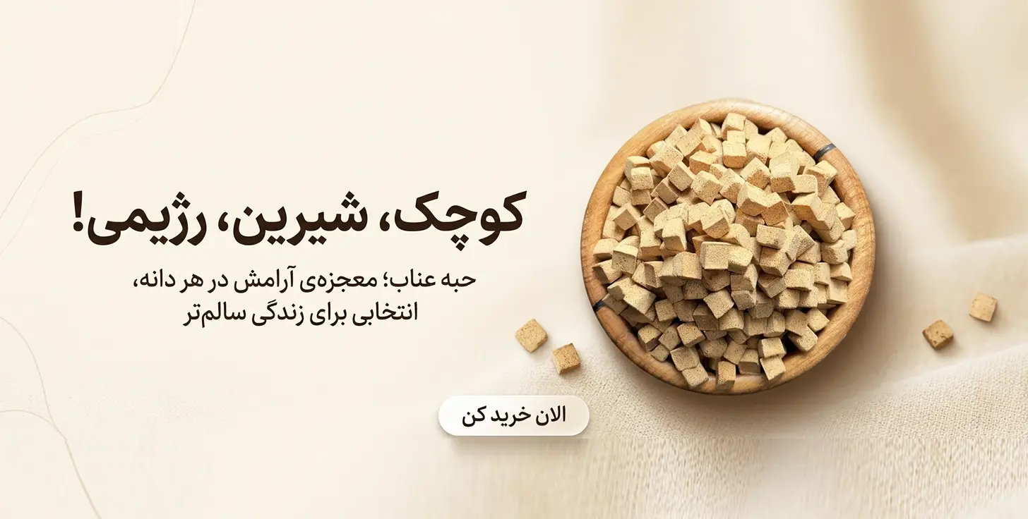 نمای نزدیک از ظرف چوبی پر از مکعب‌های کوچک حبه عناب قهوه‌ای روشن در پس‌زمینه نود و کرم؛ با تیتر “کوچک، شیرین، رژیمی” برای تبلیغ تنقلات سالم.