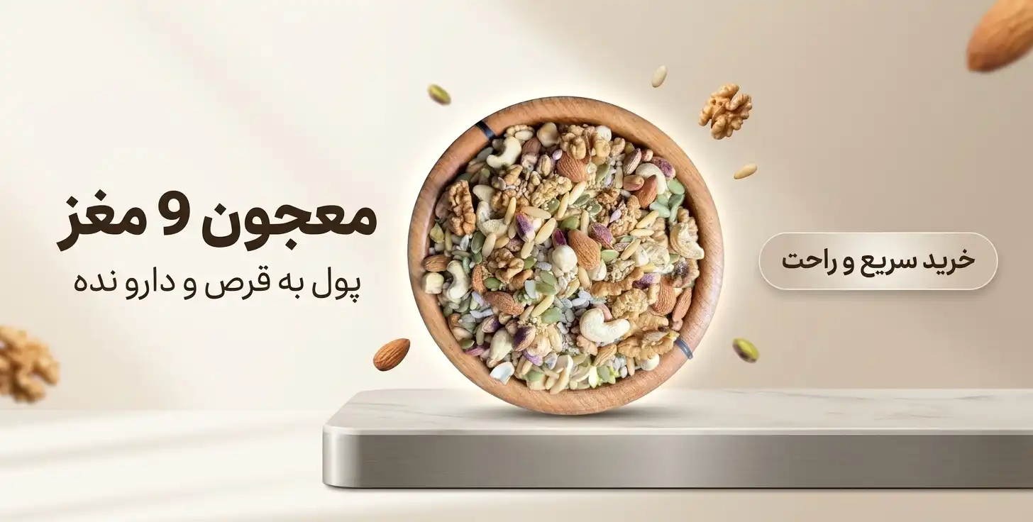 بنر خرید معجون ۹ مغز با کاسه‌ای از مغزهای مخلوط تازه و دکمه خرید سریع و راحت
