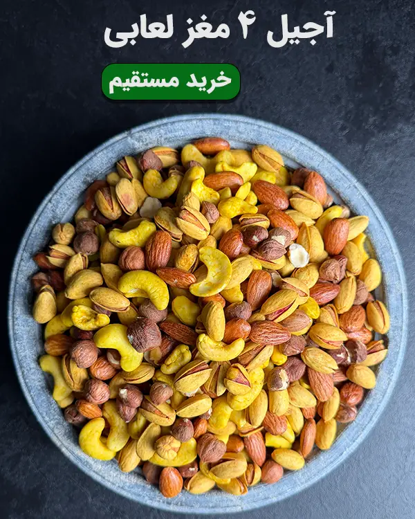 کاسه آجیل ۴ مغز لعابی شامل پسته، بادام، فندق و بادام هندی با پوشش برشته و طعمدار
