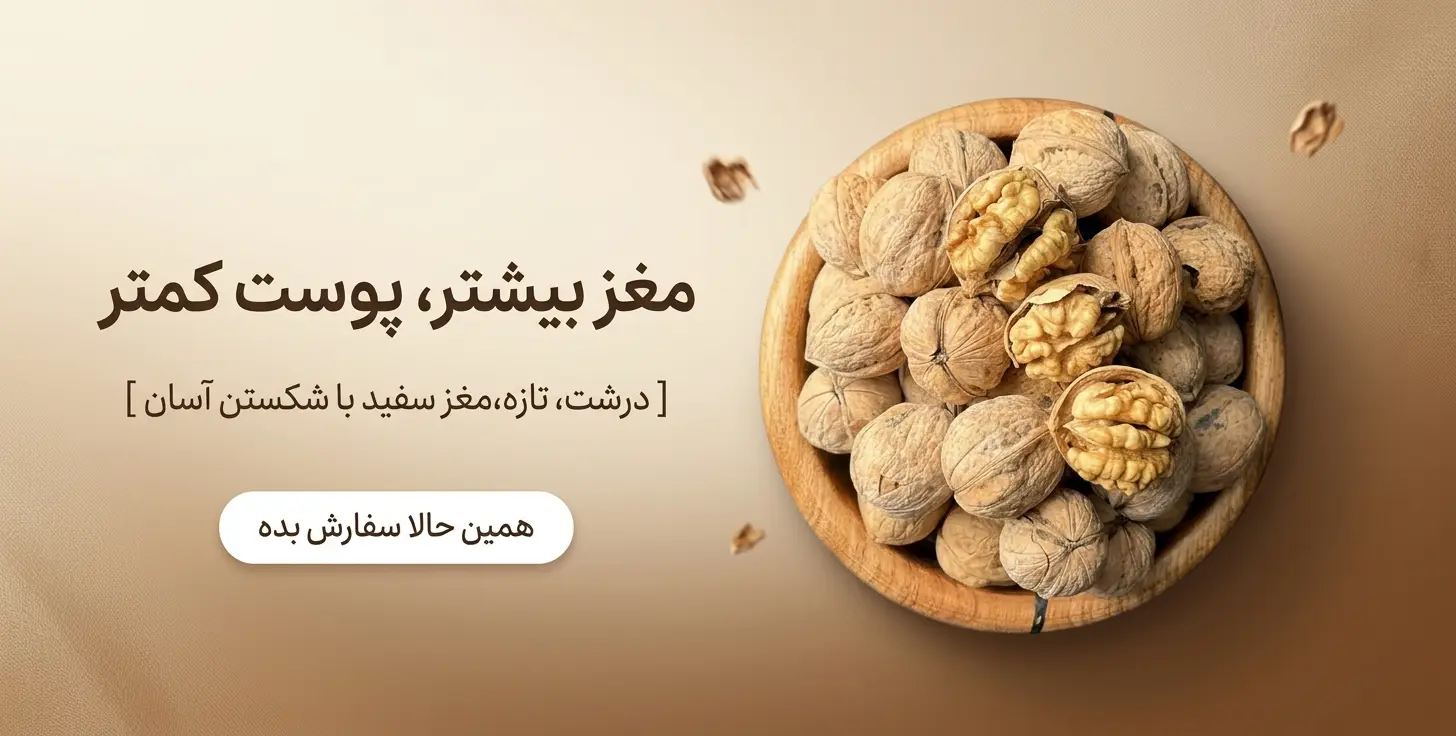 بنر گردوی پوست کاغذی خشکباراستور با مغز درشت و سفید در ظرف چوبی