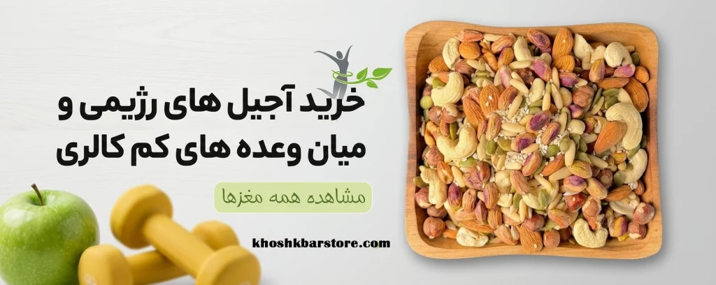 بنر تبلیغاتی فروش آجیل‌ های رژیمی و میان‌ وعده‌ های کم‌ کالری در وب‌ سایت خشکبار استور با تصویر کاسه آجیل، سیب سبز و دمبل ورزشی