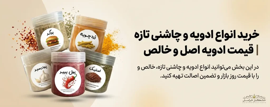 بنر معرفی انواع ادویهجات خالص شامل زردچوبه، پول بیبر، پودر سیر و ادویههای ترکیبی استیک و برگر در بستهبندیهای بهداشتی خشکبار استور.