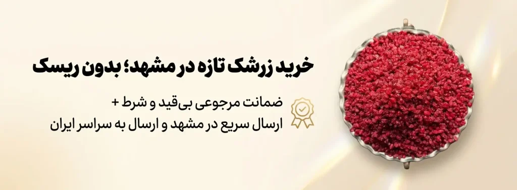 زرشک تازه و خوش‌رنگ در ظرف سنتی؛ بنر خرید زرشک تازه در مشهد با ضمانت مرجوعی بی‌قید و شرط و ارسال سریع از خشکبار استور