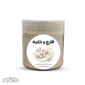 نمای نزدیک از یک کاسه شیشه‌ای حاوی چاشنی قارچ و خامه با بافت غلیظ و تکه‌های قارچ تازه، تزئین شده با جعفری خرد شده برای عکاسی تبلیغاتی غذا.