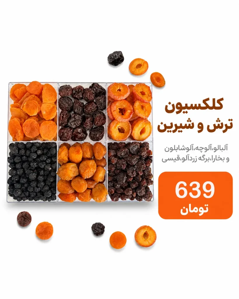 خرید پک آجیل و خشکبار | کلکسیون لوکس هدیه و پذیرایی 20 باکس ۶ خانه کلکسیون میوه خشک ترش و شیرین شامل انواع آلو بخارا، آلبالو، برگه زردآلو و قیسی خشکبار استور