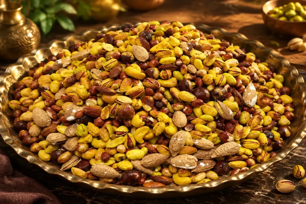 سینی پر از انواع آجیل و خشکبار درجه یک شامل پسته، بادام و مغزهای مختلف در خشکبار استور برای بررسی لیست قیمت